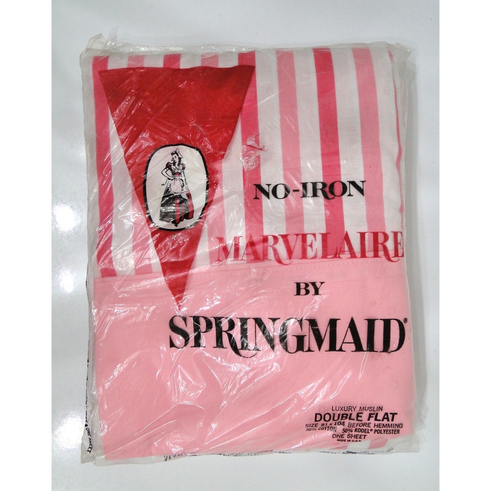 Vintage Springmaid Marvelaire Pink White Striped Double Flat Sheet New USA Made